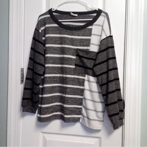 BiBi Black Gray White Striped Sweater Women's XL Pocket Dressy Fall WinterOffice